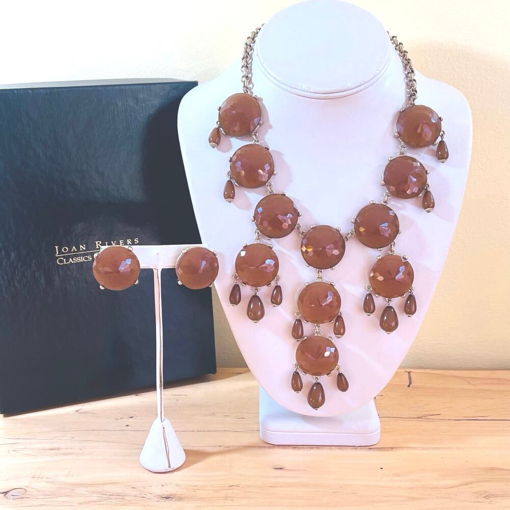 Vtg JOAN RIVERS Necklace Earrings Bib Cascading Butterscotch Statement Gold Tone